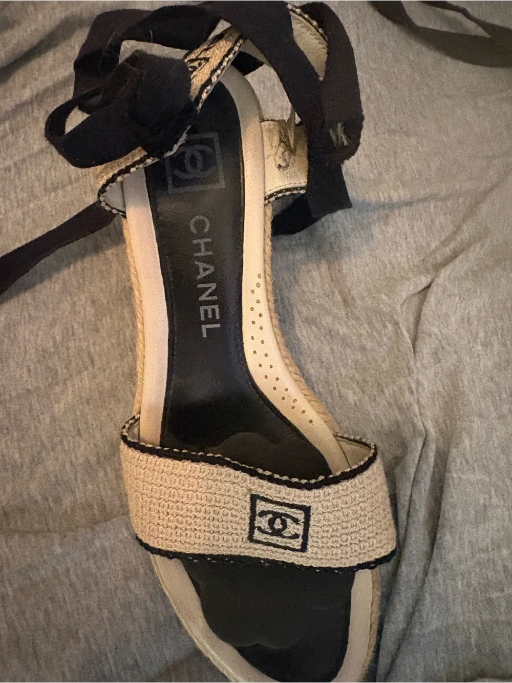 CHANEL Beige and Black Espadrille Lace-Up Sandals